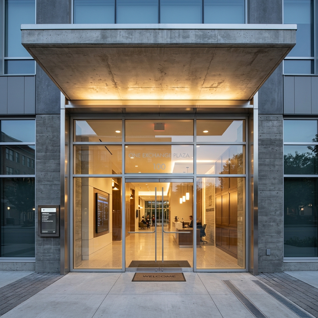 Luxury plaza ground entrance and glass canopy construction by Upside Builder